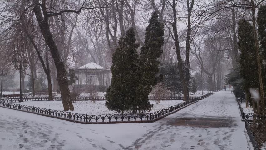 Snowfall in city park with trees, pathways and gazebo in winter. Mobile phone video, Odessa, Ukraine, city garden, 2026
