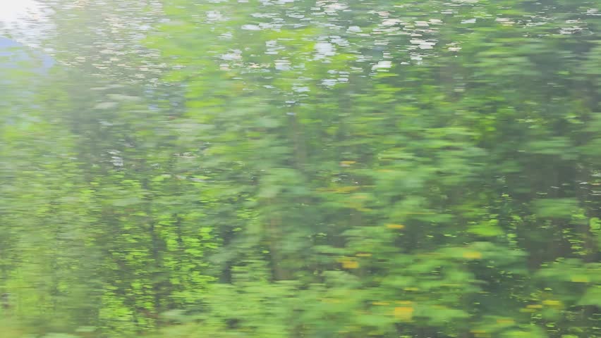 Moving train perspective across grassy fields and mountain foothills, with trees, roads, rooftops, and cloudy sky, suitable for scenic travel, rural tourism, and landscape stock footage.
