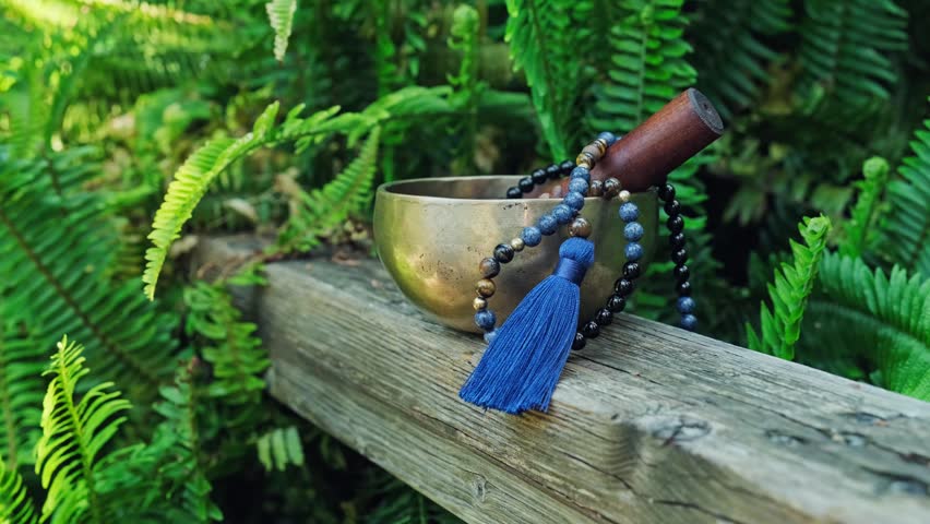 Tibetan singing bowl with rosary mala on a rock in a garden with green background