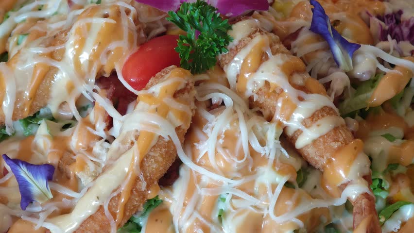 Creamy fried shrimp salad on a white plate.