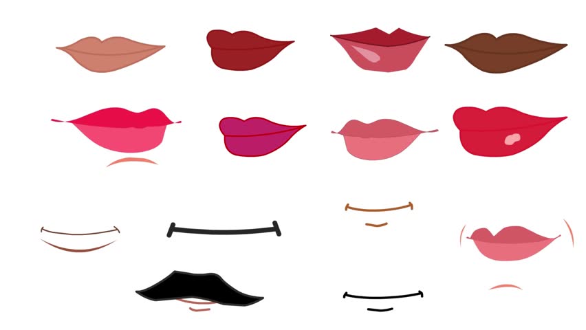 Set of vector-style lips and mouths in various expressions and colors on a plain background, isolated illustration elements.