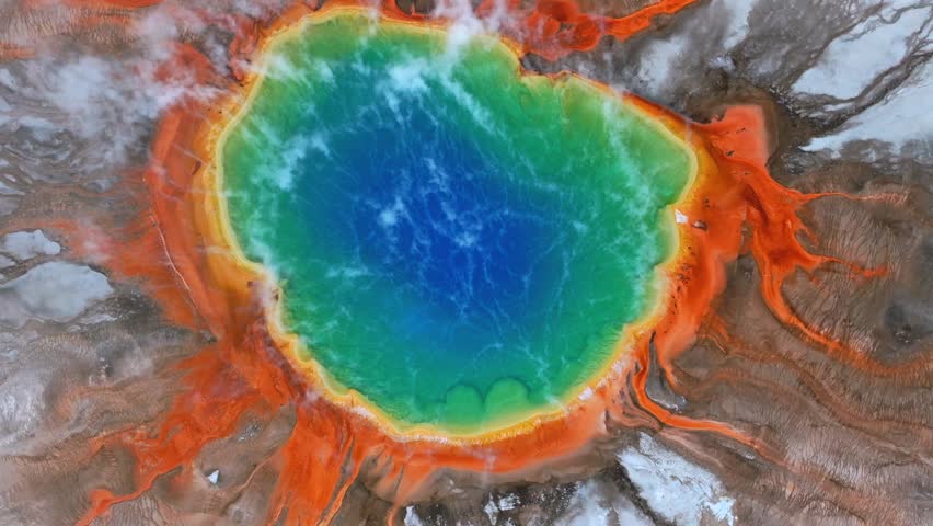 Midway Geyser Basin vibrant turquoise hot springs pool Grand Prismatic Spring aerial drone birdseye earth view Yellowstone National Park Wyoming thermal steam Boardwalk trail nature landscape downward