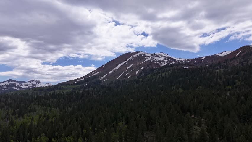 Aerial view tracking alongside a majestic mountain range covered in patches of snow and surrounded by a dense green pine forest in Hope Valley, California, under a cloudy spring sky