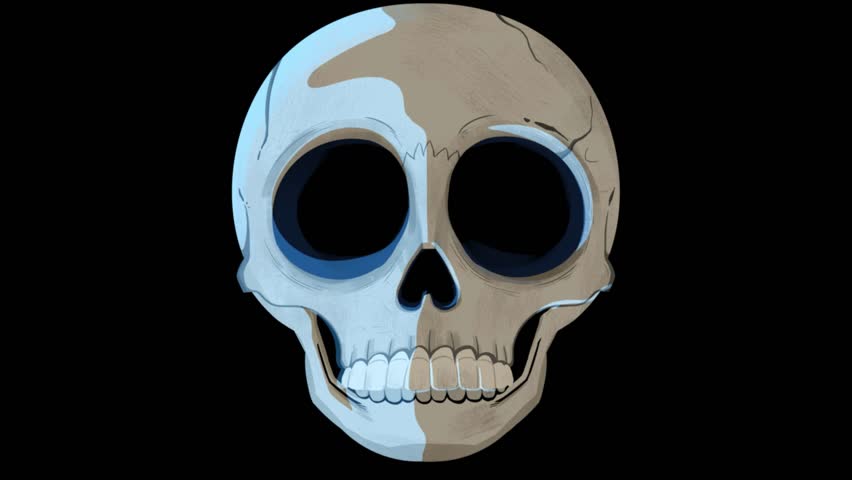 Cartoon human skull illustration with a big green eyeball, creepy skeleton head character on a black background.