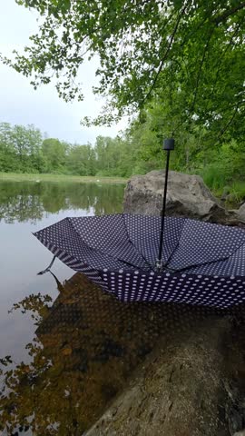Open umbrella resting by a calm lakeshore with still water and green trees in the background. Peaceful outdoor scene with a quiet nature atmosphere.