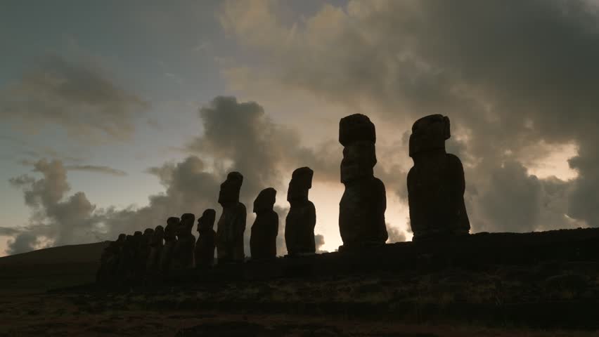 Time lapse at sunrise over Ahu Tongariki with moai statues in Rapa Nui, Easter Island, Chile