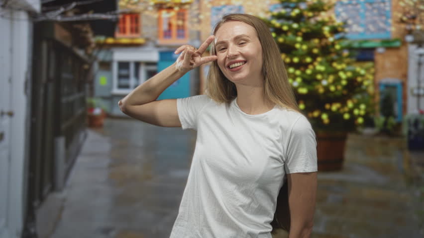 Woman making peace sign with fingers by face on a wet cobbled street decorated with a lit christmas tree and shopfronts; playful joy.