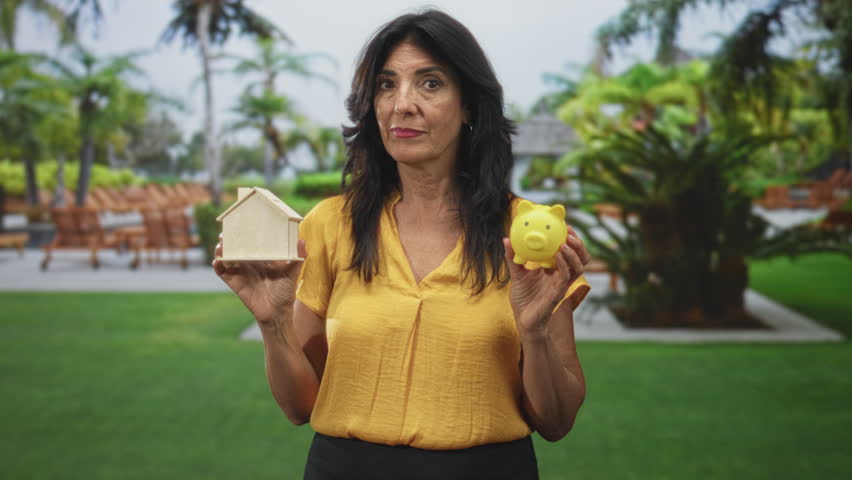 Woman holding wooden house and yellow piggy bank with hands raised in front of building; savings decision concern.