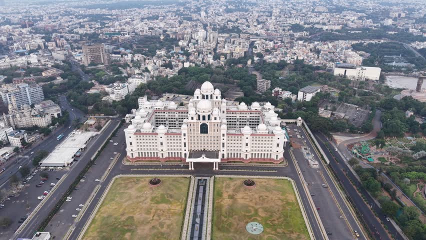 Aerial shot of Secretariat of Telangana in Hyderabad, India