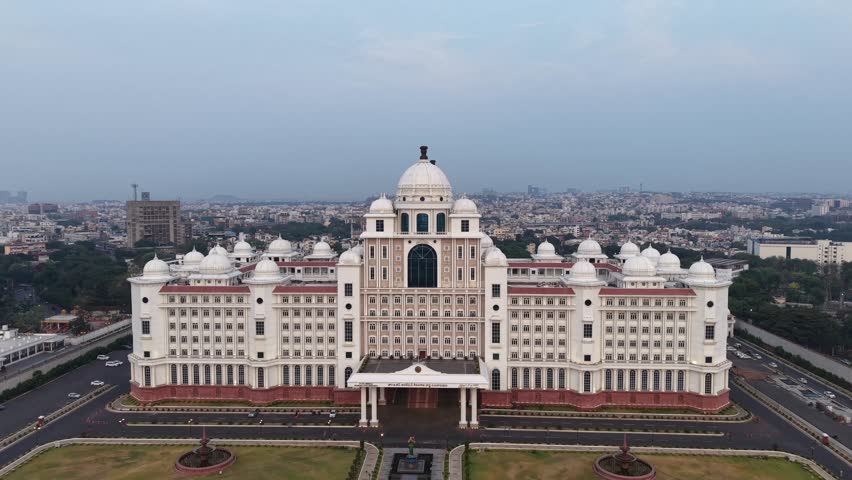 Aerial shot of Secretariat of Telangana in Hyderabad, India