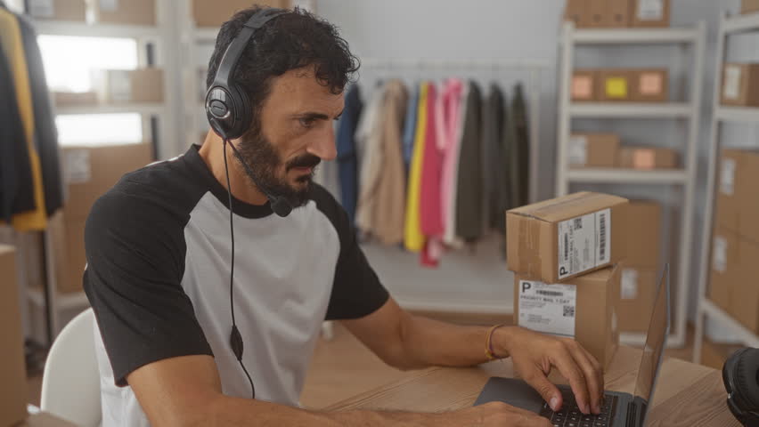 Man putting on headset and rubbing temple while packing shipping boxes in a building; frustration focus.