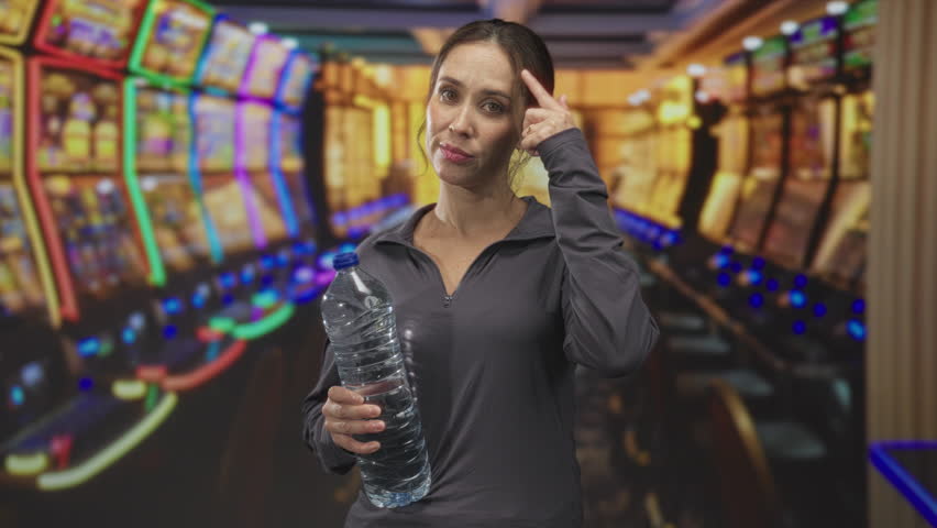 Woman holding large water bottle and pointing finger to camera inside casino slot machine aisle; confidence hydration.