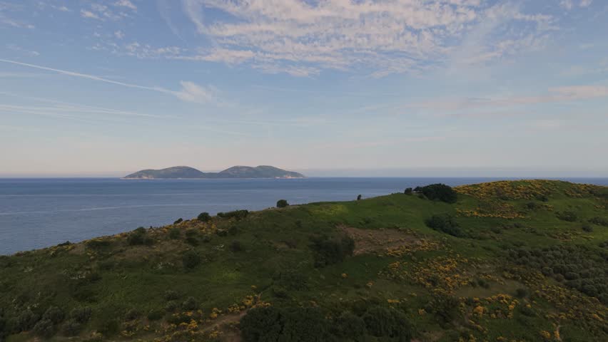 Aerial view of Sazan Island across the blue sea from the lush green hills covered in yellow wildflowers under a soft sky in Vlore, Vlore County, Albania.