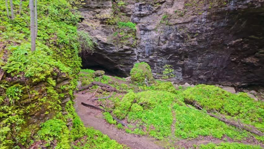 Scenic trail winding through limestone caves and forested terrain in Maquoketa Caves State Park Iowa