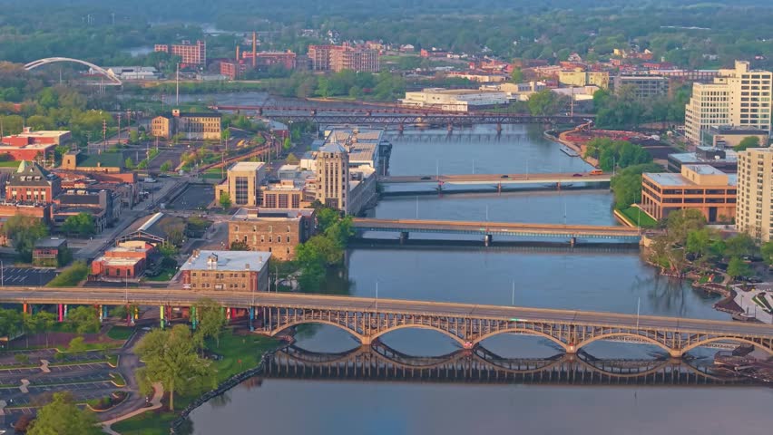 Scenic aerial view of downtown Rockford Illinois with the Rock River and Jefferson Street Bridge