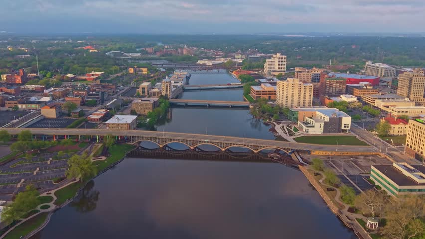 Scenic aerial view of downtown Rockford Illinois with the Rock River and Jefferson Street Bridge