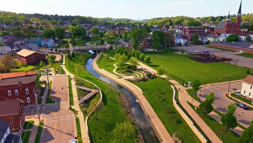 Scenic aerial view of the Bee Branch Creek Greenway in Dubuque Iowa