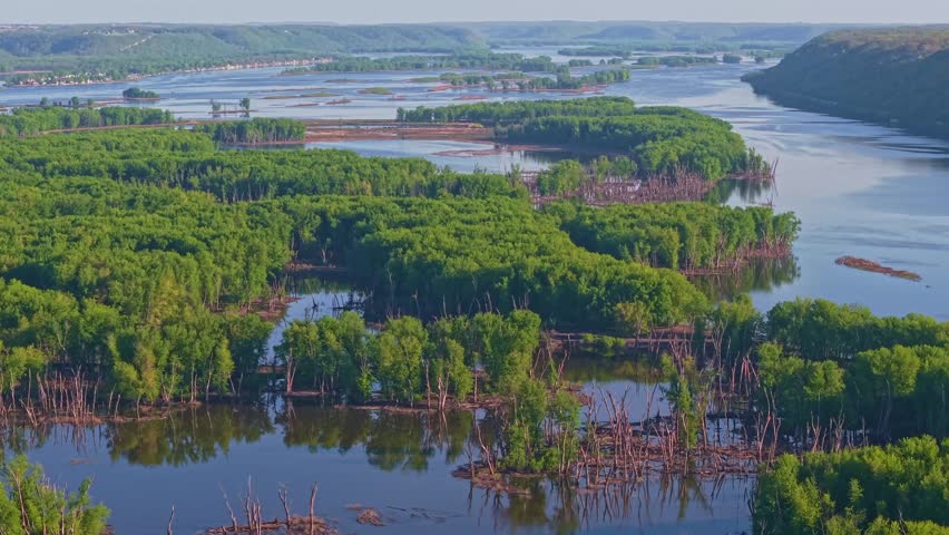 Scenic aerial view of the Mississippi River with forested islands wetlands and ridges in the Driftless Area