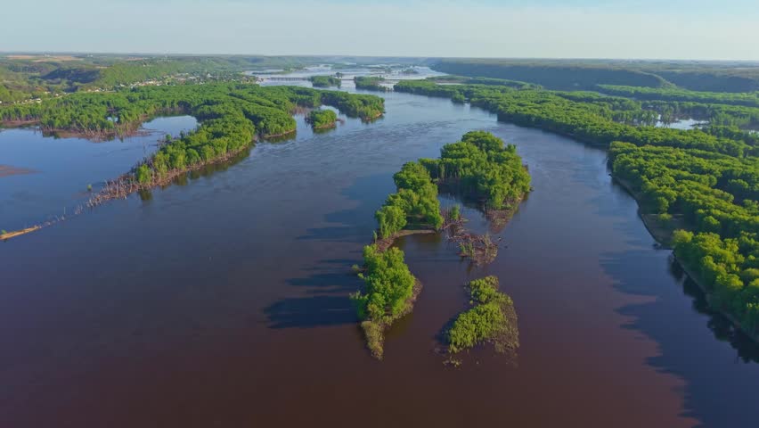 Scenic aerial view of the Mississippi River with forested islands wetlands and ridges in the Driftless Area