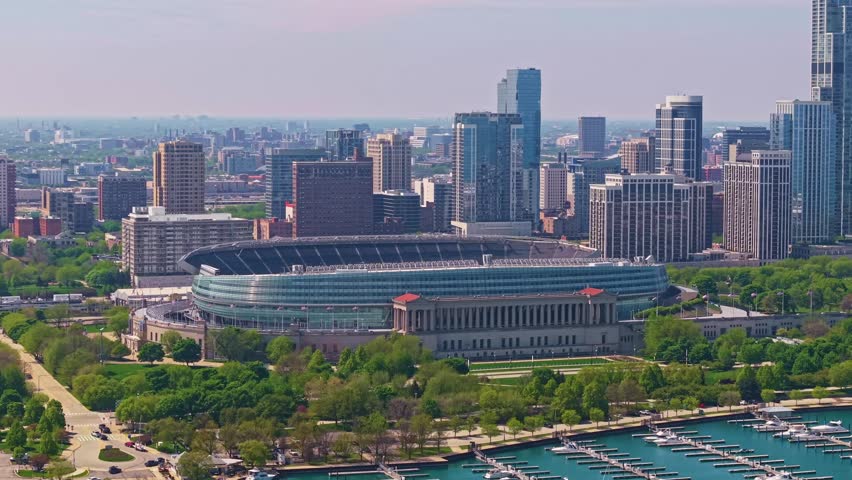 Chicago Skyline with Promontory Point in Foreground Along Lake Michigan Illinois