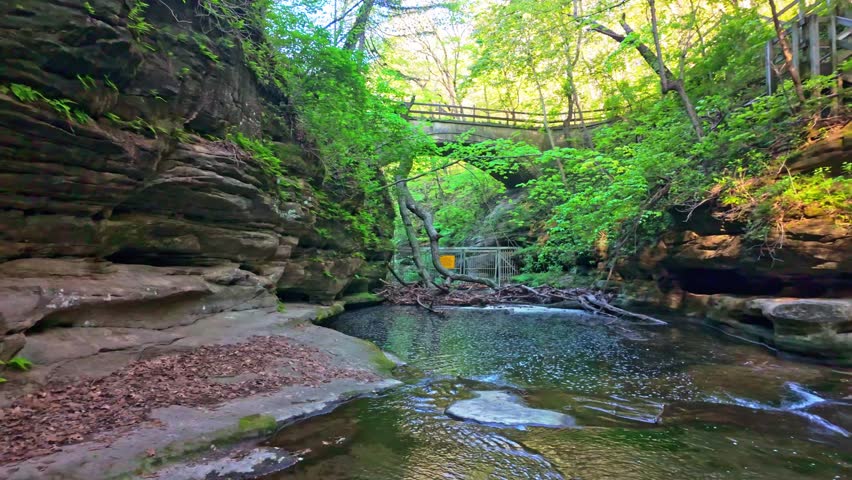 Stepping stones cross a creek with a cascading waterfall along a scenic hiking trail in Matthiessen State Park Illinois