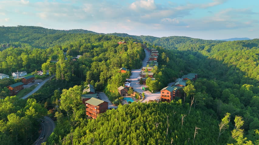 Mountain neighborhood around Gatlinburg, Tennessee with luxury cabins, winding roads and panoramic Smoky Mountain scenery