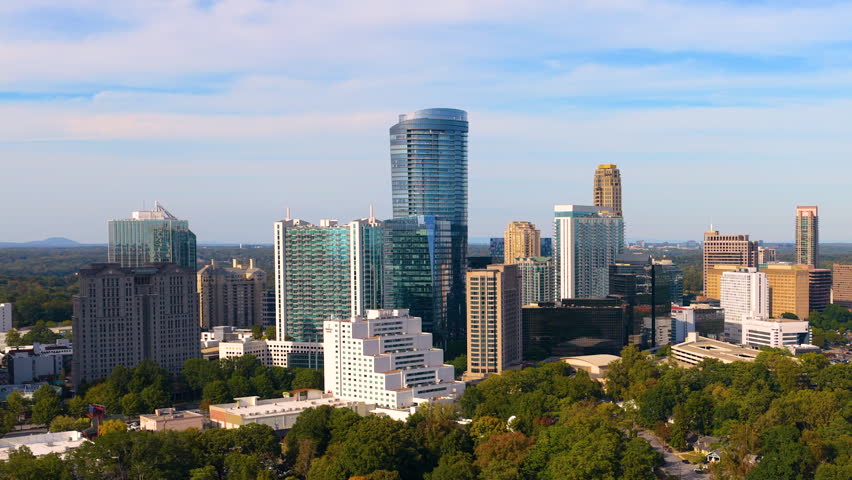 Urban Atlanta cityscape of Buckhead uptown with modern corporate and residential skyscraper buildings. Aerial view of big American city architecture.