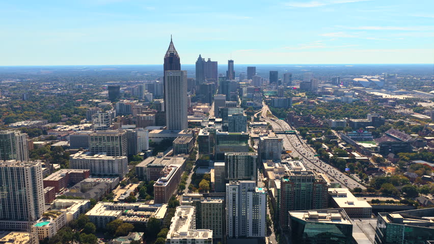 Urban Atlanta cityscape with modern skyscraper buildings. Aerial view of big American city architecture.