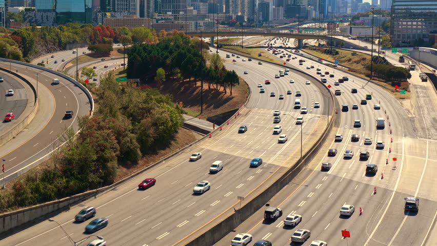 Atlanta, Georgia. Urban highway road interchange connecting interstate freeways. Complex road design and metropolitan development in USA.
