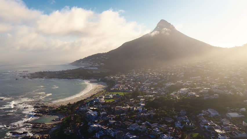 Aerial view of Cape Town at sunset shows Lion