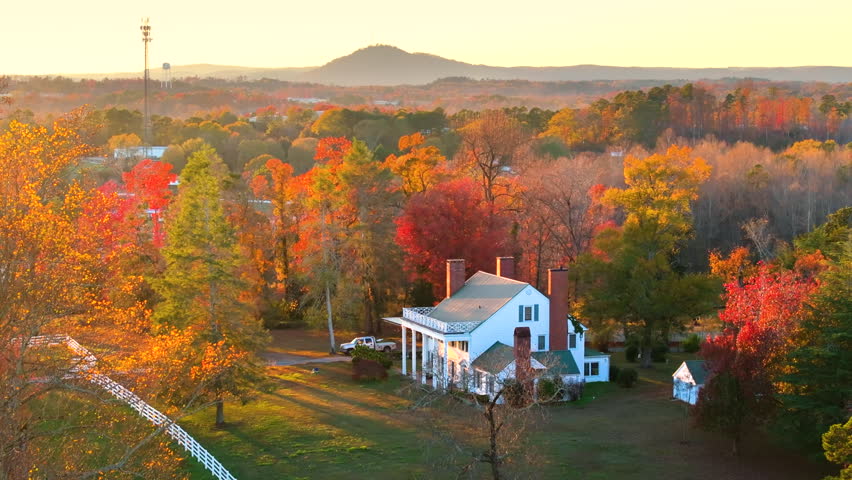 Elegant farmhouses hidden between bright autumn trees, golden leaves framing property in peaceful southern rural scene.