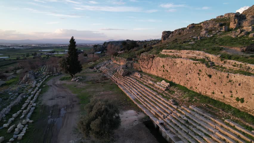 Spring views of Sillyon Ancient City in Antalya, Türkiye, featuring ancient ruins, stone architecture and archaeological heritage.