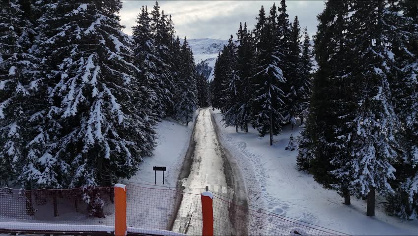 Low aerial drone footage tracking along a snow-covered mountain road through dense pine forests in Meribel, French Alps, France. The camera follows the icy road corridor flanked by frost-laden conifers with a stack of cut logs beside the path and snowcapped peaks in the distance under an overcast winter sky. Three Valleys domain, Savoie.