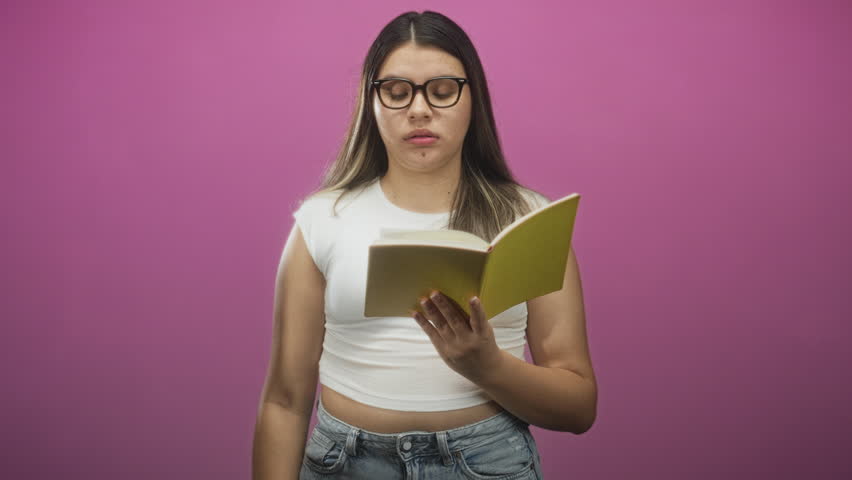 Young woman reading a yellow notebook, touching her cheek with one hand while holding pages open against a pink studio backdrop; concern.