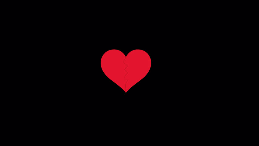 animated Broken red heart on a black background, symbolizing heartbreak, lost love, sadness, and emotional pain from a breakup or divorce. Alpha channel. PNG file