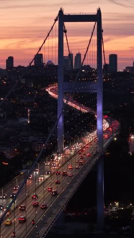 Bosphorus Bridge Under Red Sunset Sky in Istanbul
Aerial drone footage of the Bosphorus Bridge in Istanbul during a dramatic sunset. The sky transitions from deep blue to warm red tones over the city and sea.