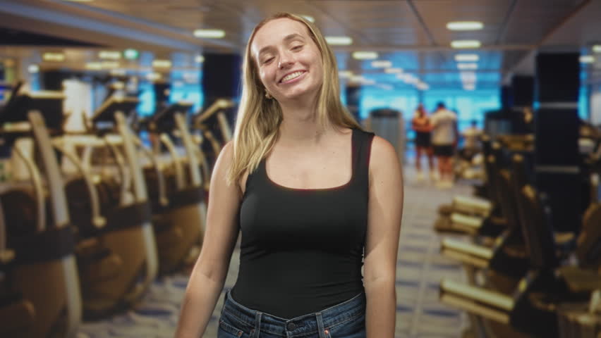 Woman shielding eyes with hands while smiling in gym, wearing black tanktop and jeans with a smartwatch on her wrist, visible arms gesture; playful.