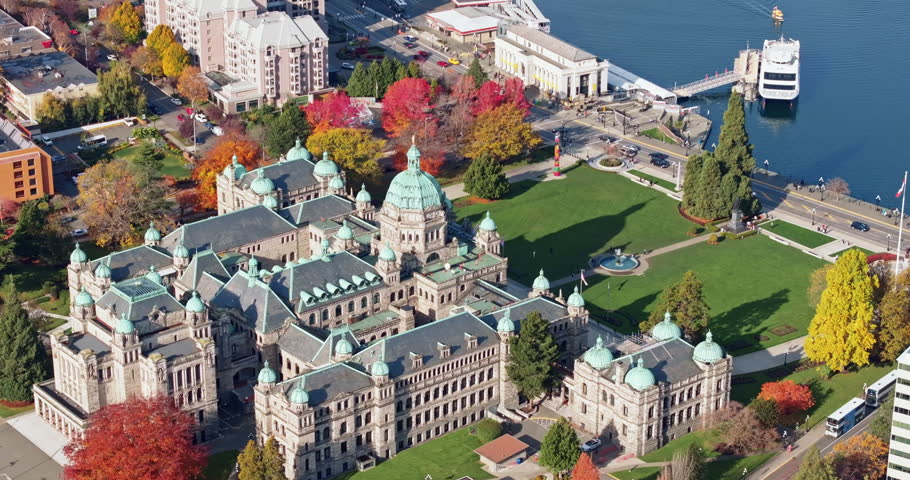 Aerial view of BC Legislative Parliament Building near harbor in Victoria, British Columbia, Canada