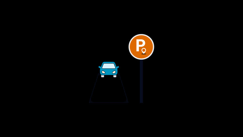 Minimalist graphic icon of a blue car parked next to a circular parking sign