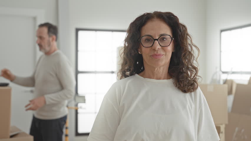 Middle aged woman smiling with arms crossed beside moving boxes while man handles helmet in building; contentment teamwork.
