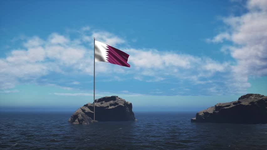 Qatar Flag Standing In The Middle Of The Ocean Near A Rock