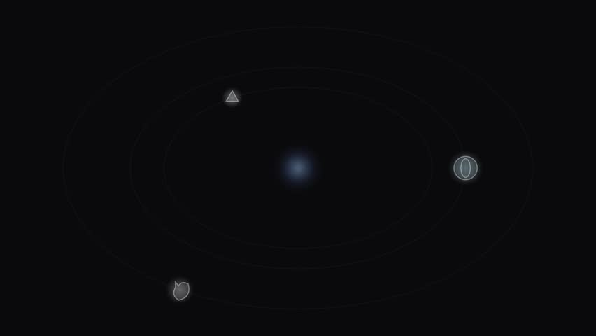 A minimalist 3D animation showing stylized planets and celestial bodies rotating around a central glowing blue star against a black background.