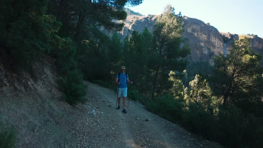 Man hiking on a mountain trail through pine forest with cliffs and valley views