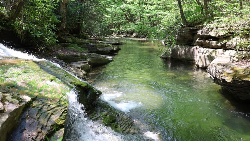 Water cascades into a peaceful river pool in a beautiful forest setting
