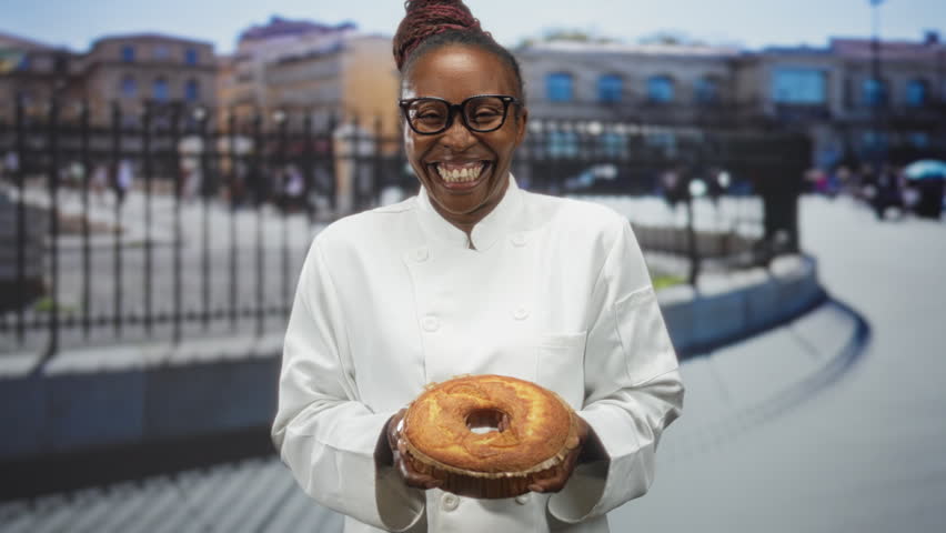African american woman chef in white uniform holds cake with hands and smiles in studio; baking pride.