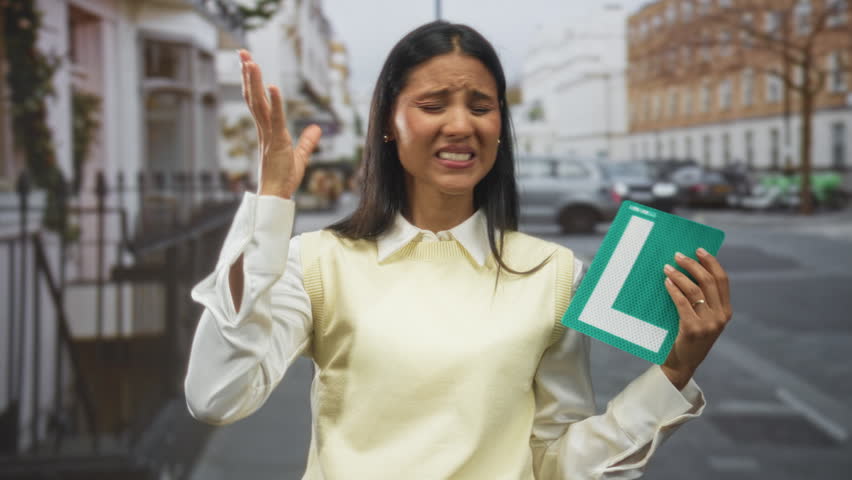 Woman holding a green learner l sign with raised frustrated hand gesture on an urban street; driving test frustration.