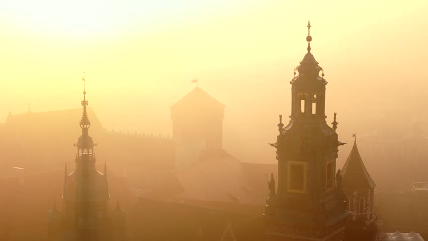 Aerial view of Wawel Castle during foggy sunrise, Krakow, Poland