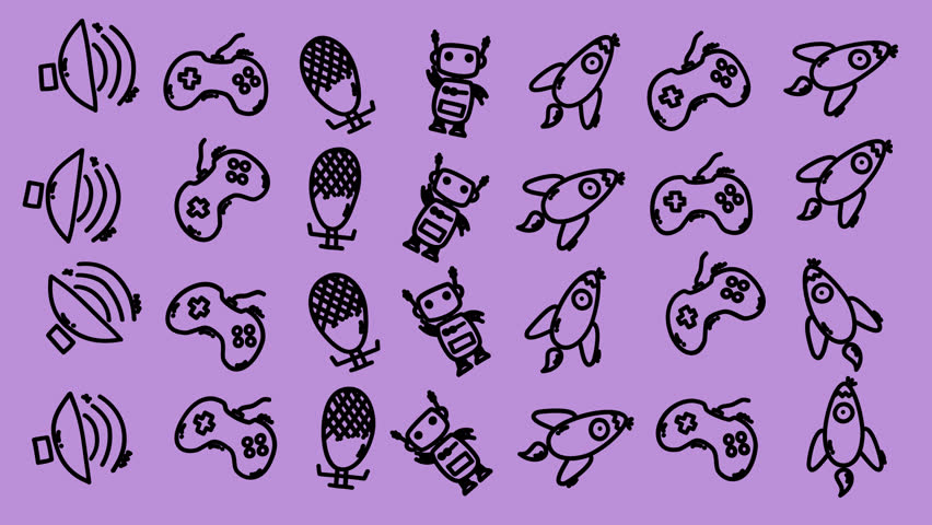 Black cartoon icons on transparent background. Game controller, robot, rocket, and banana shapes shown. Each icon stylized with playful, hand-drawn edges. Perfect for video game or tech-themed designs