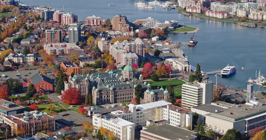 Aerial view of BC Legislative Parliament Building near harbor in Victoria, British Columbia, Canada