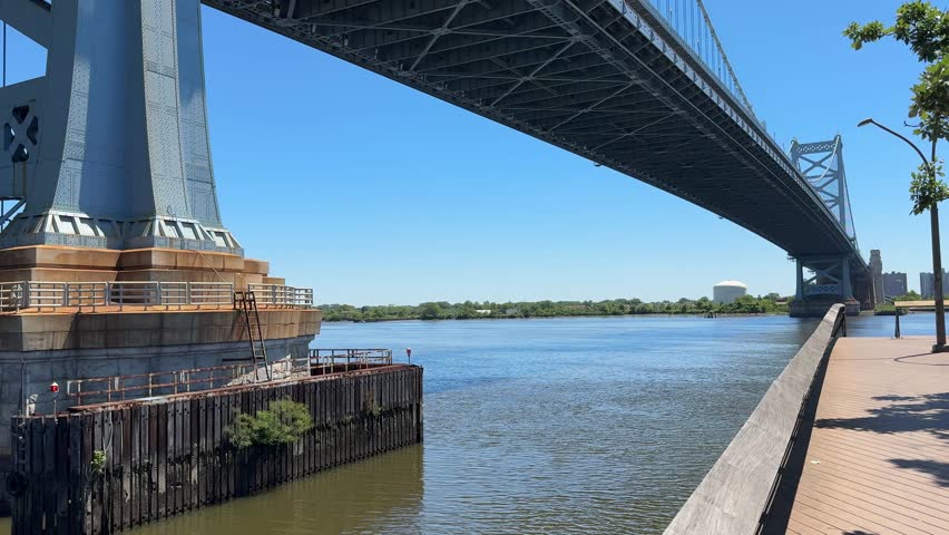 View of the Benjamin Franklin Bridge from the Race Street Pier on a sunny day in June in Old City, Philadelphia, PA